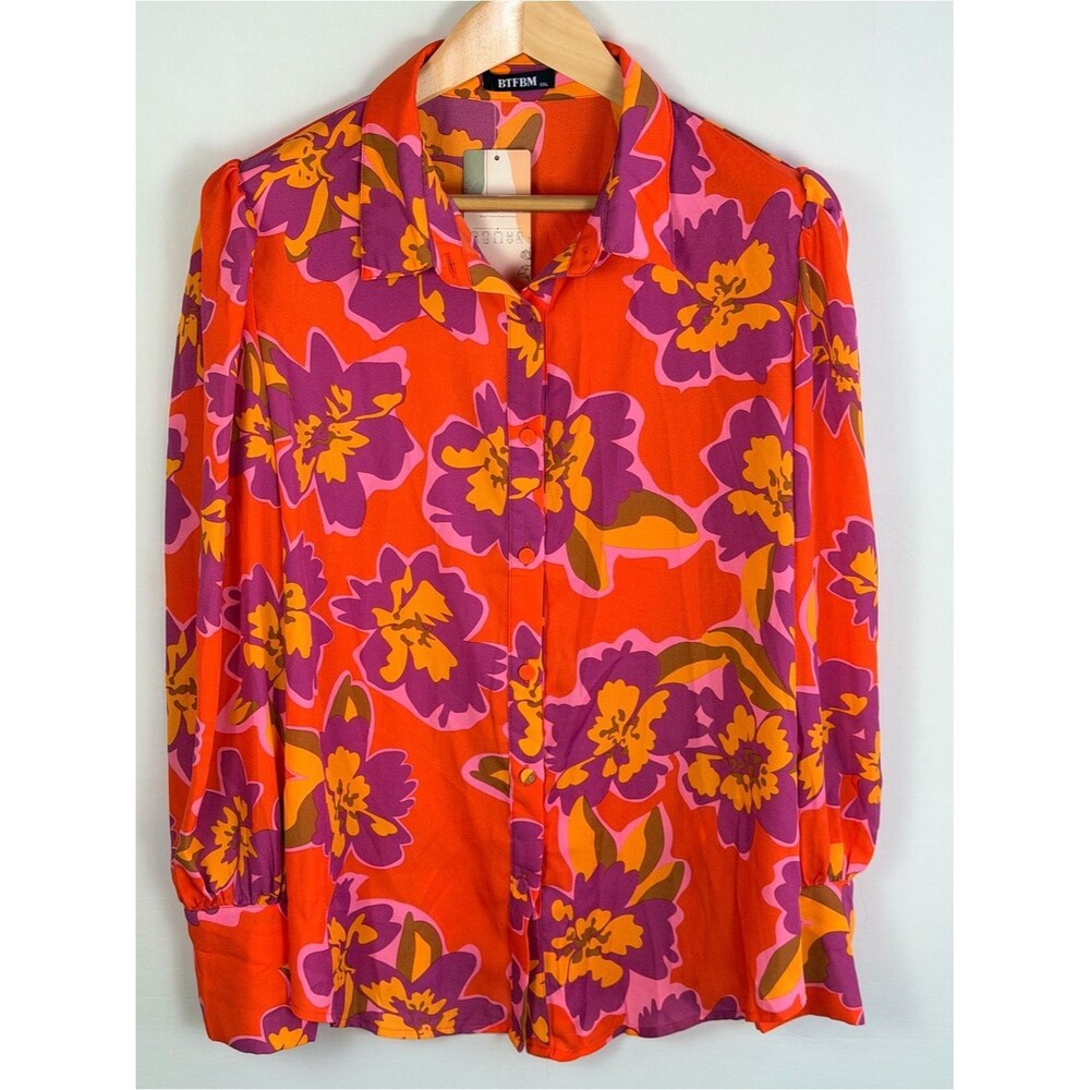 NWT BTFBM Retro Floral Button Front Blouse XXL Pink Orange Purple